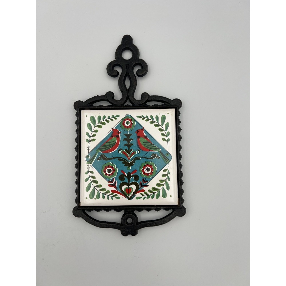 Vintage 60s Cast Iron & Bluebird Ceramic Trivet/Wall Hanging Distlefink Lovebird